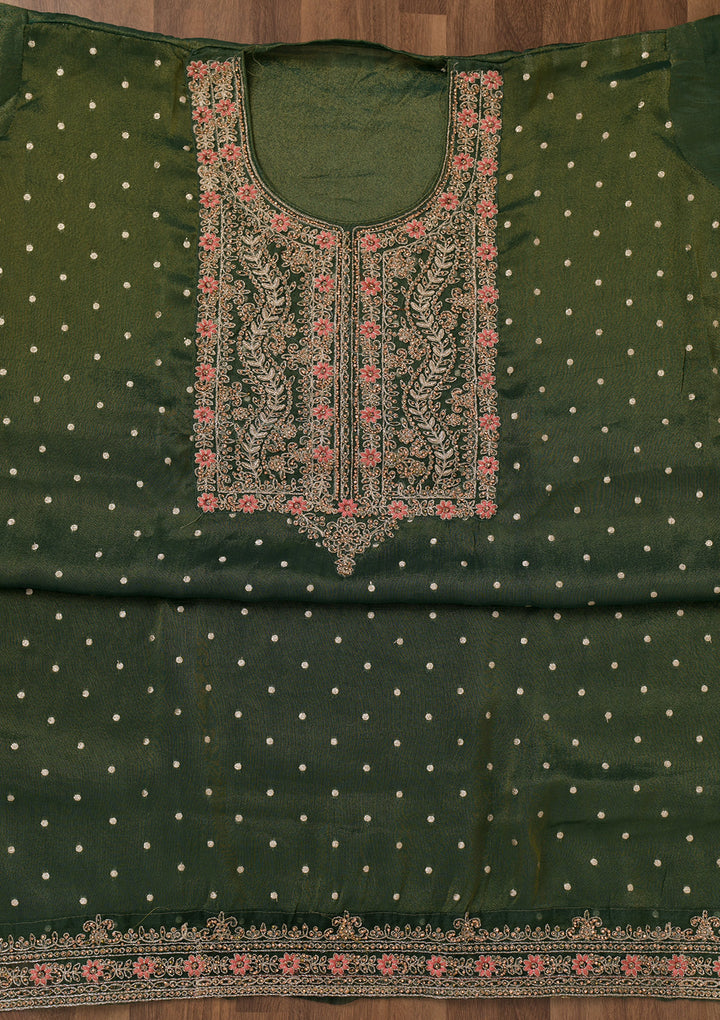 Leaf Green Zariwork Semi Crepe Unstitched Salwar Suit