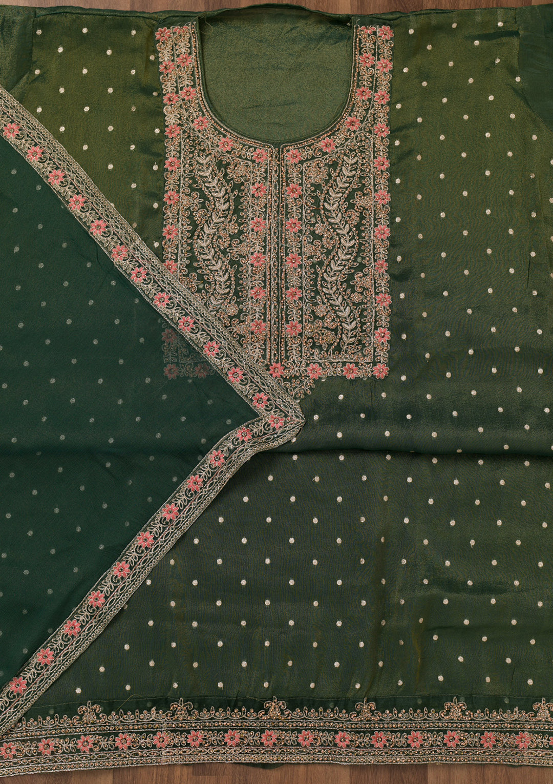 Leaf Green Zariwork Semi Crepe Unstitched Salwar Suit