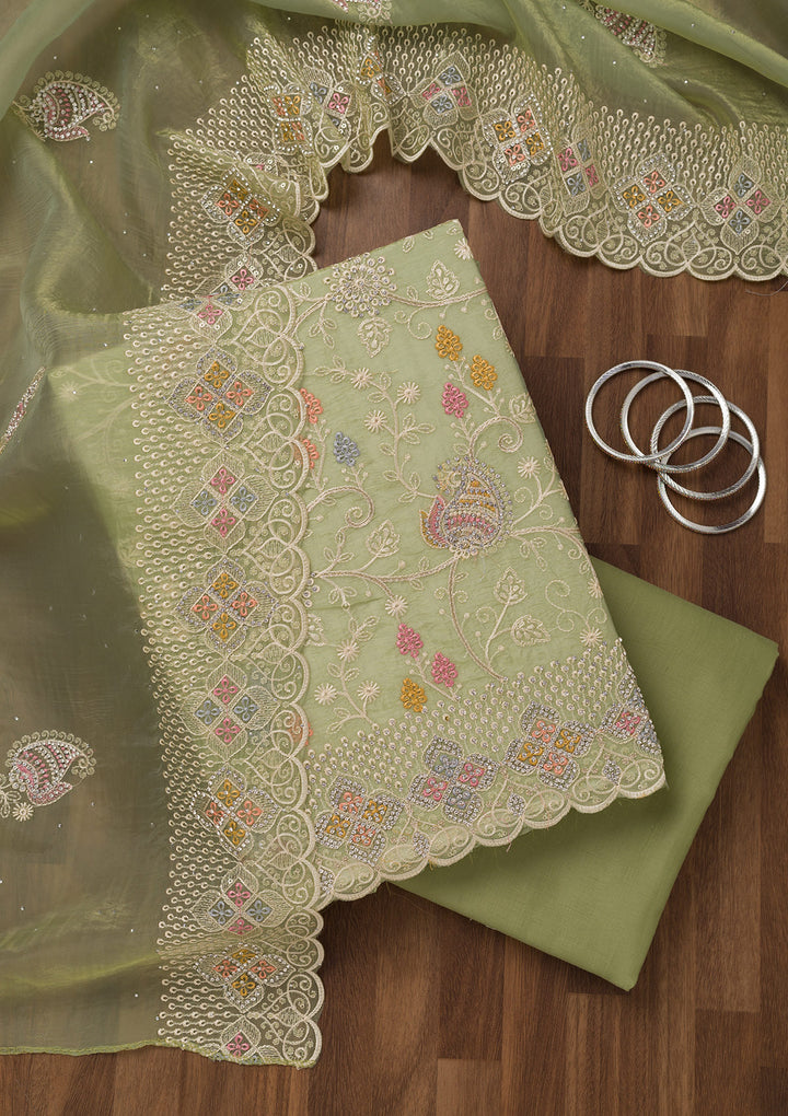 Leaf Green Zariwork Semi Crepe Unstitched Salwar Suit