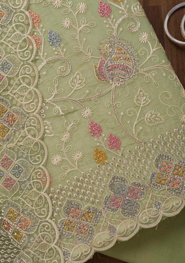 Leaf Green Zariwork Semi Crepe Unstitched Salwar Suit