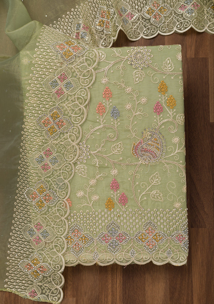 Leaf Green Zariwork Semi Crepe Unstitched Salwar Suit