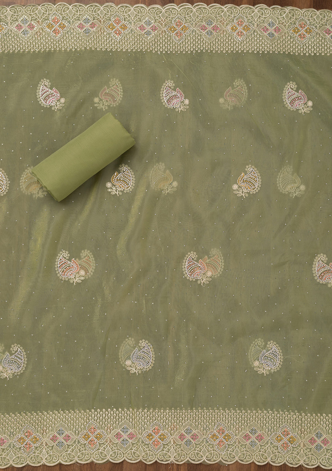 Leaf Green Zariwork Semi Crepe Unstitched Salwar Suit