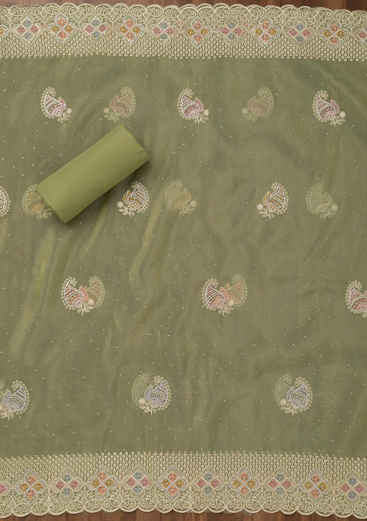 Leaf Green Zariwork Semi Crepe Unstitched Salwar Suit