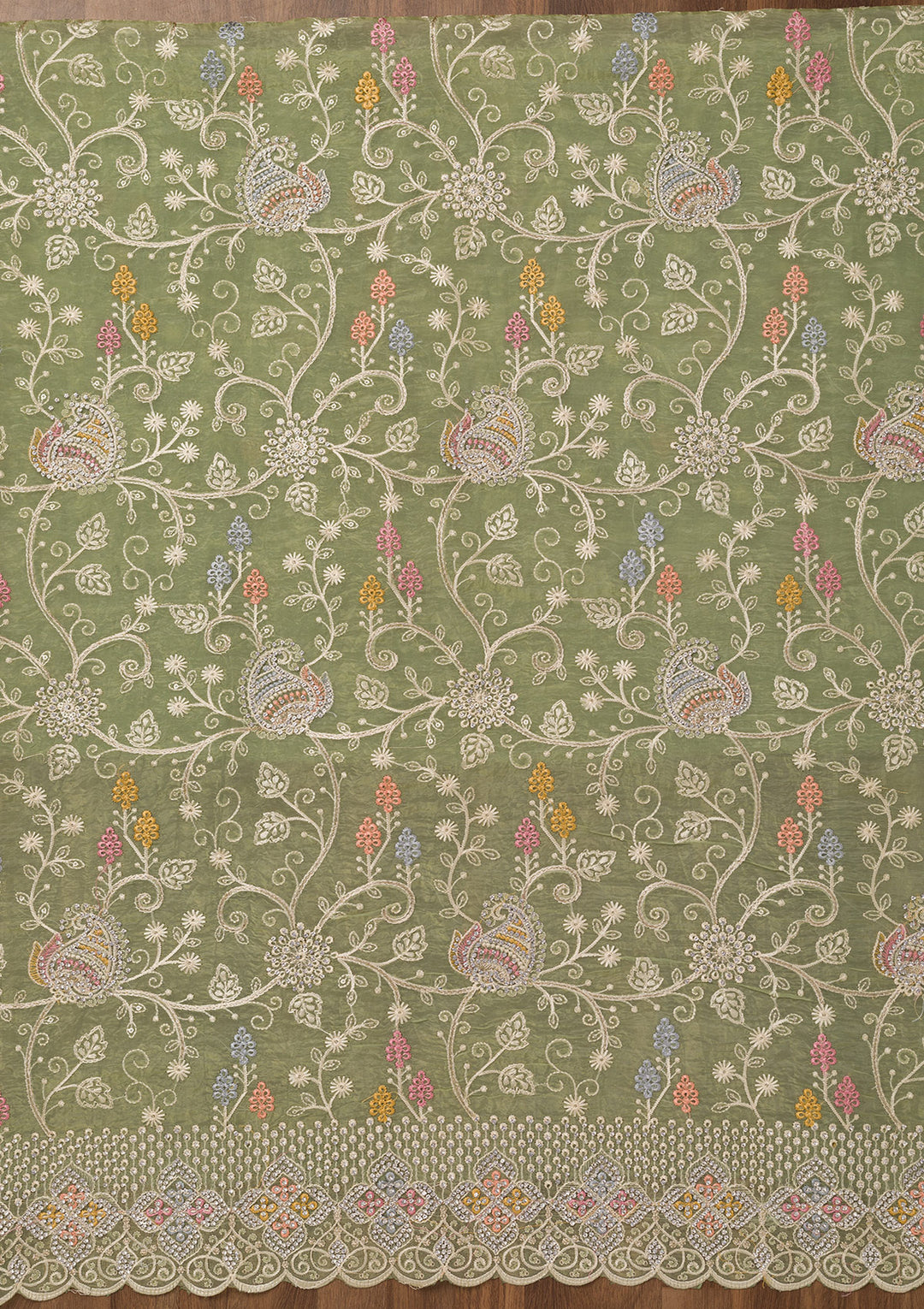 Leaf Green Zariwork Semi Crepe Unstitched Salwar Suit