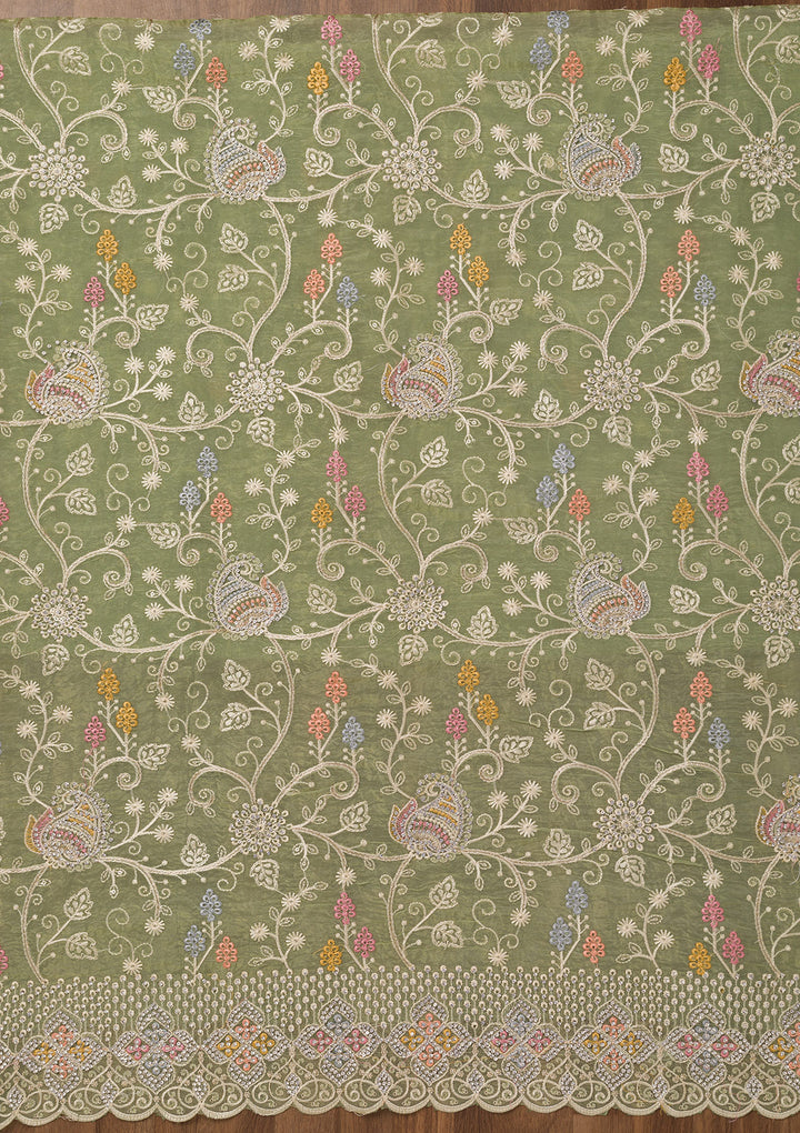 Leaf Green Zariwork Semi Crepe Unstitched Salwar Suit