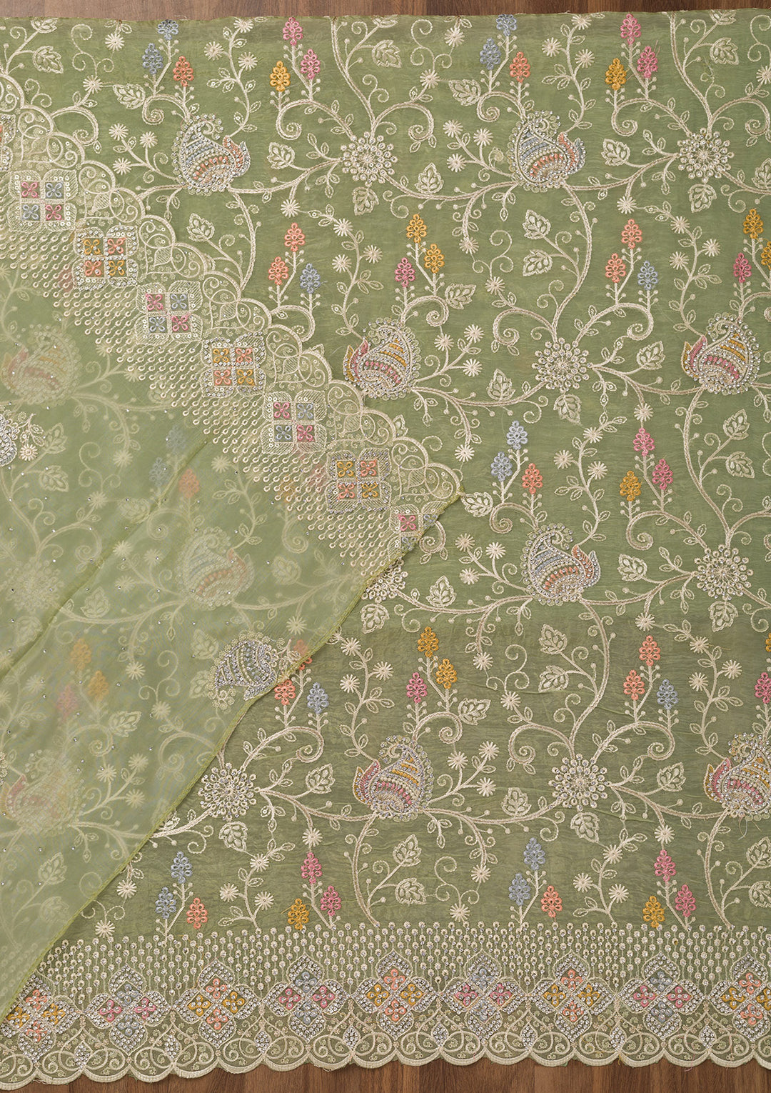 Leaf Green Zariwork Semi Crepe Unstitched Salwar Suit