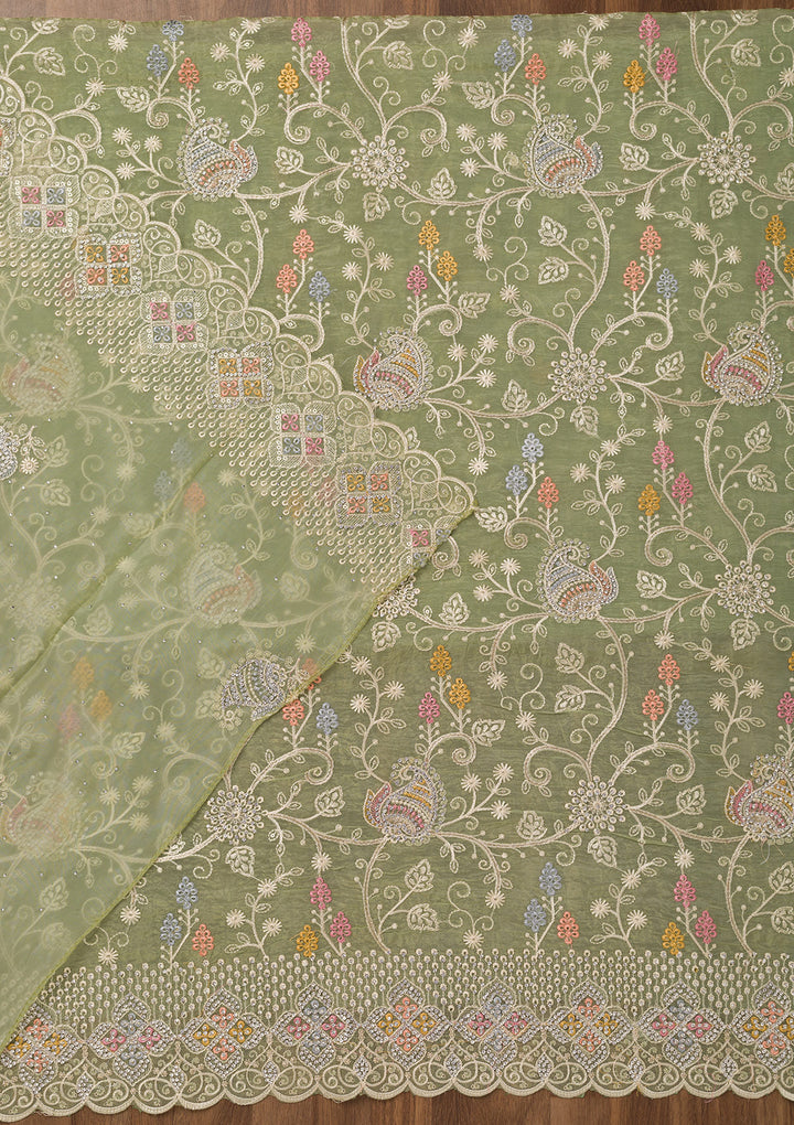 Leaf Green Zariwork Semi Crepe Unstitched Salwar Suit