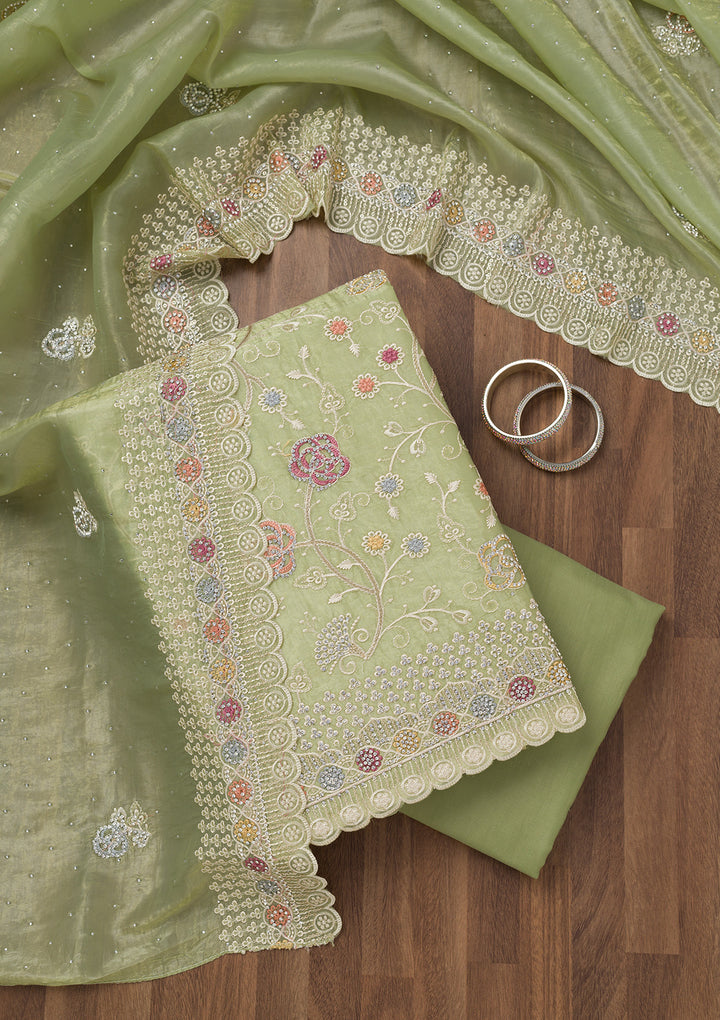 Leaf Green Zariwork Semi Crepe Unstitched Salwar Suit