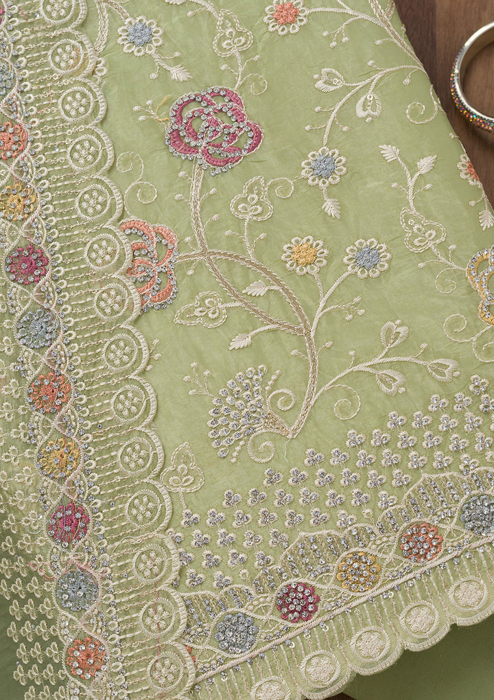 Leaf Green Zariwork Semi Crepe Unstitched Salwar Suit