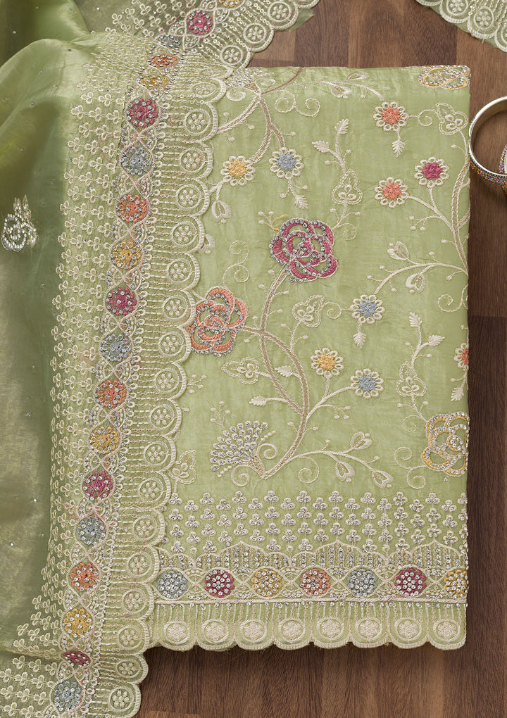 Leaf Green Zariwork Semi Crepe Unstitched Salwar Suit