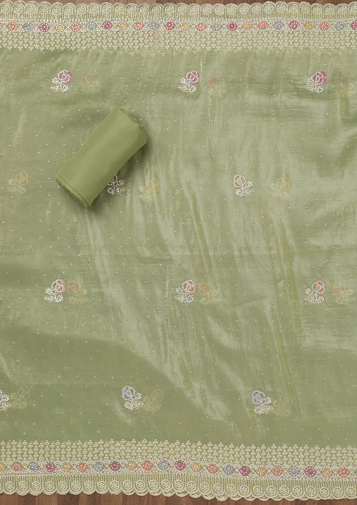 Leaf Green Zariwork Semi Crepe Unstitched Salwar Suit