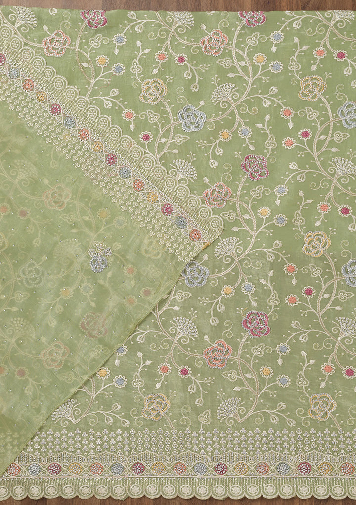 Leaf Green Zariwork Semi Crepe Unstitched Salwar Suit