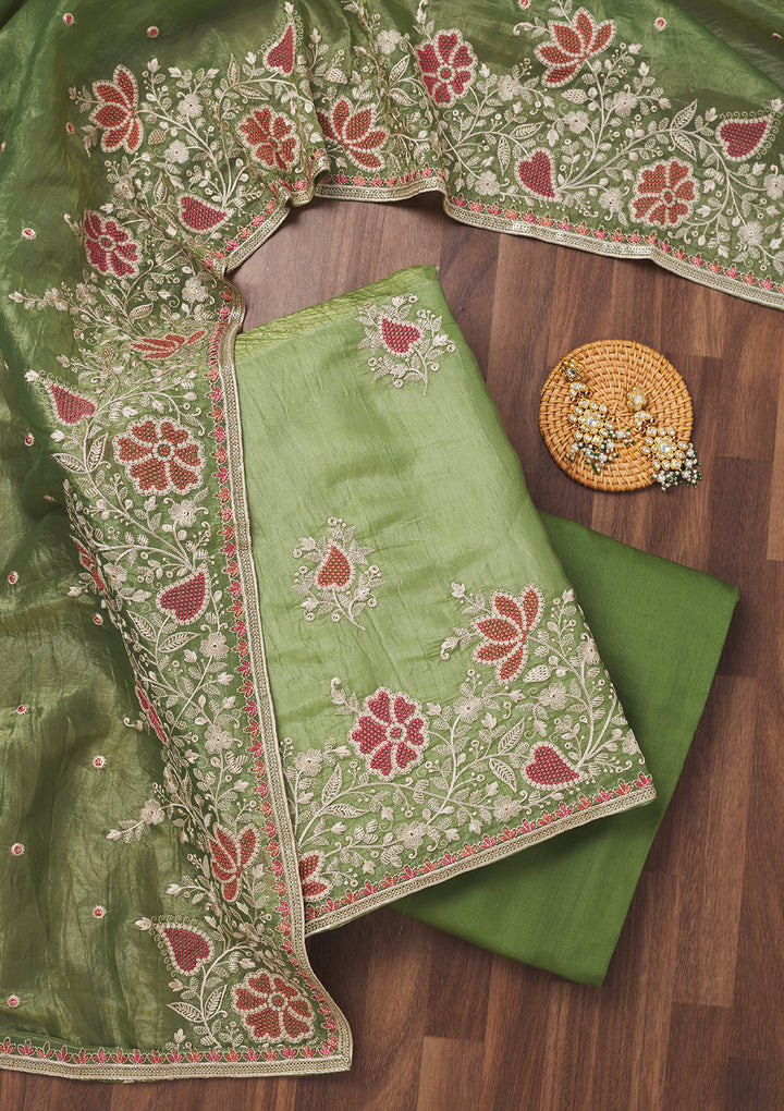 Leaf Green Zariwork Semi Crepe Unstitched Salwar Suit
