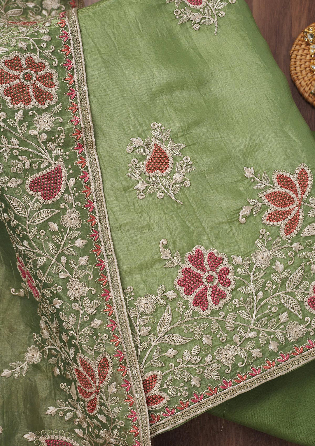 Leaf Green Zariwork Semi Crepe Unstitched Salwar Suit