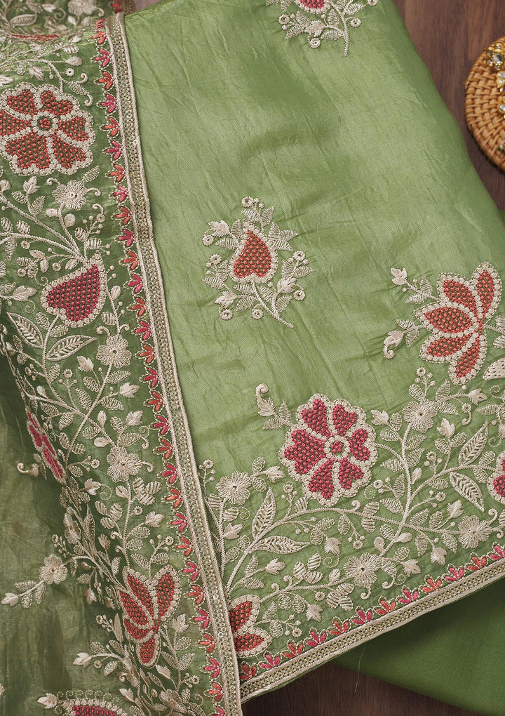 Leaf Green Zariwork Semi Crepe Unstitched Salwar Suit