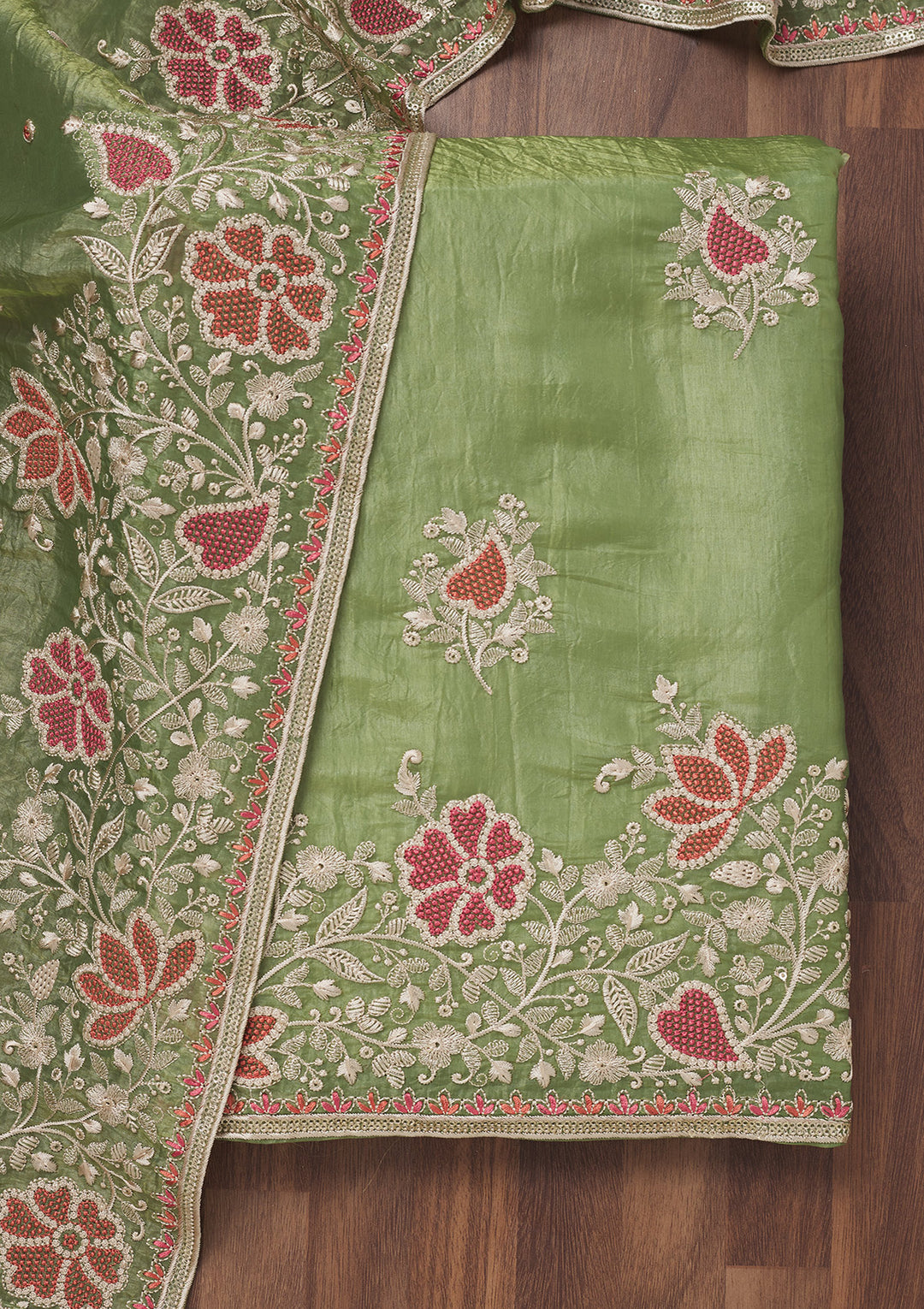 Leaf Green Zariwork Semi Crepe Unstitched Salwar Suit