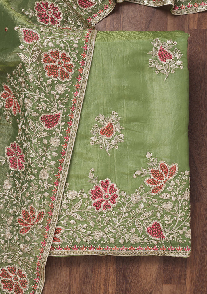 Leaf Green Zariwork Semi Crepe Unstitched Salwar Suit