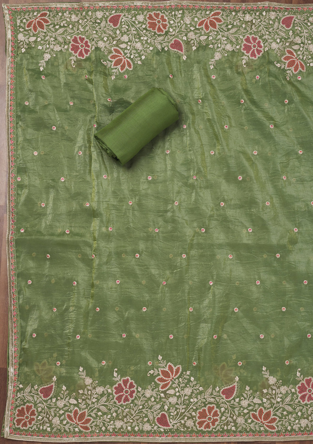 Leaf Green Zariwork Semi Crepe Unstitched Salwar Suit