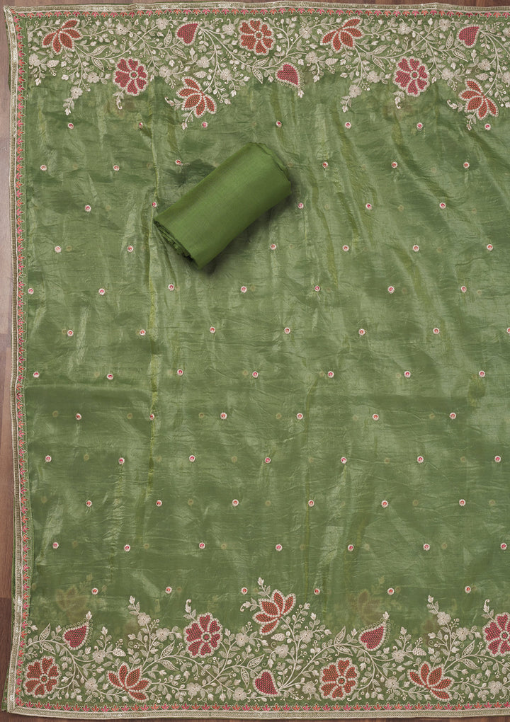 Leaf Green Zariwork Semi Crepe Unstitched Salwar Suit