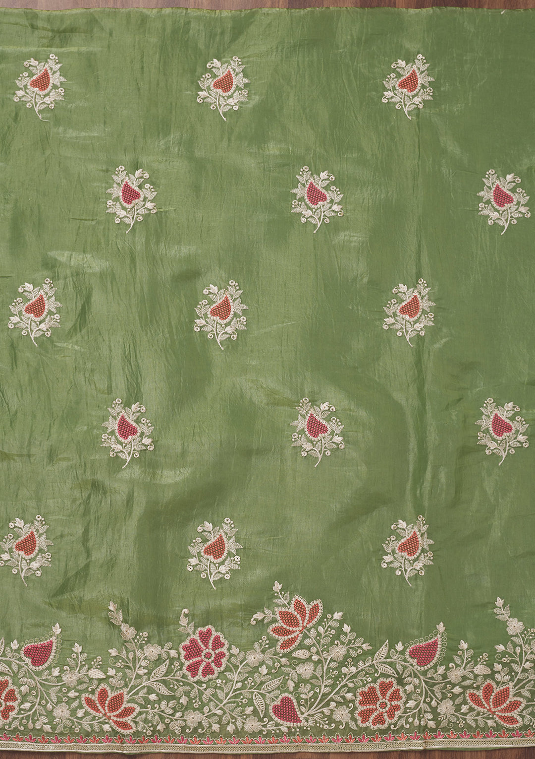 Leaf Green Zariwork Semi Crepe Unstitched Salwar Suit