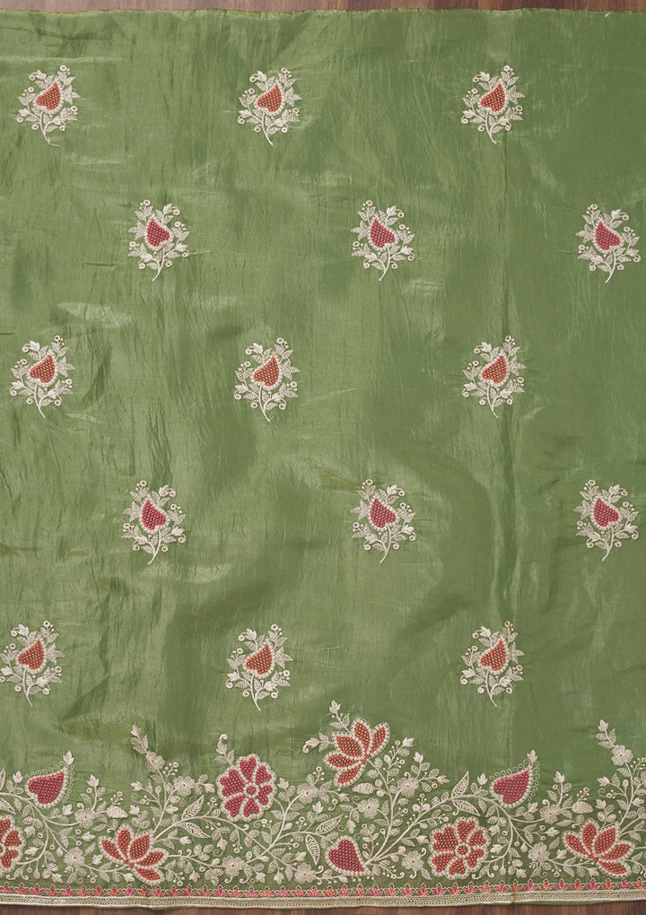 Leaf Green Zariwork Semi Crepe Unstitched Salwar Suit