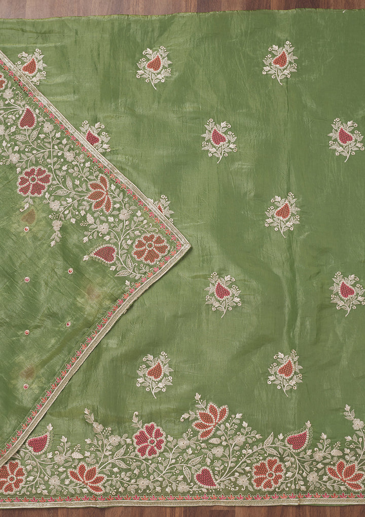 Leaf Green Zariwork Semi Crepe Unstitched Salwar Suit