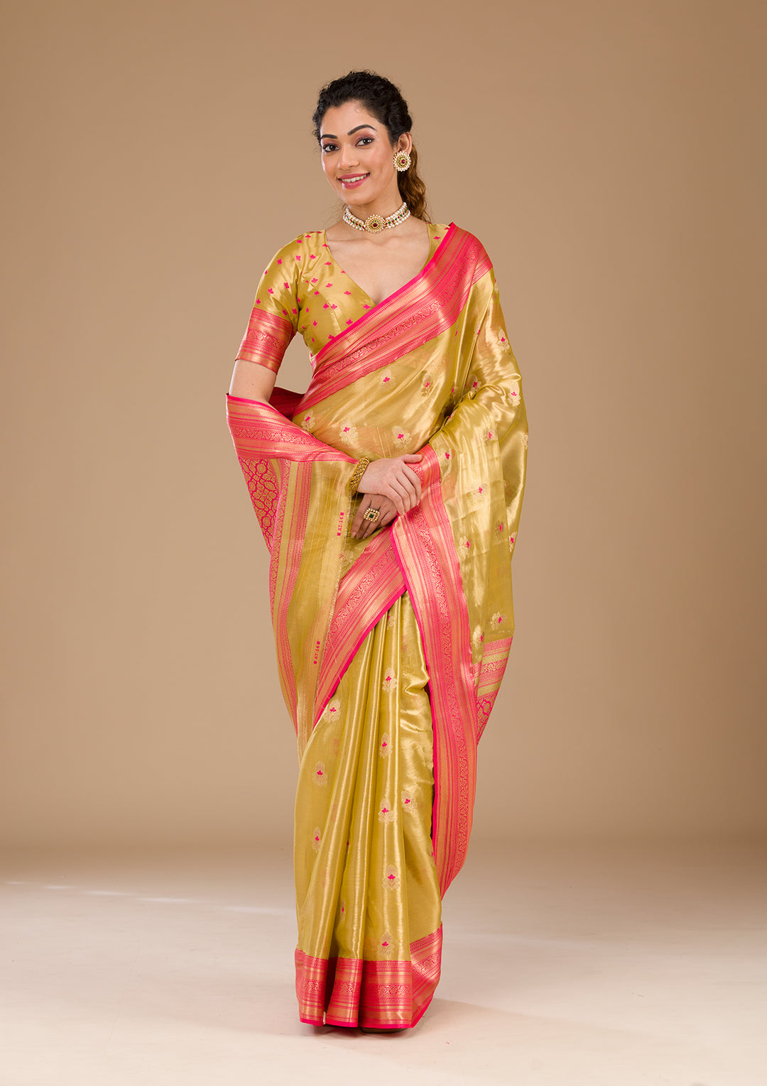 Leaf Green Zariwork Tissue Saree-Koskii