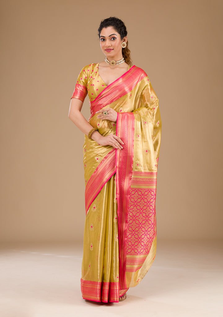 Leaf Green Zariwork Tissue Saree-Koskii