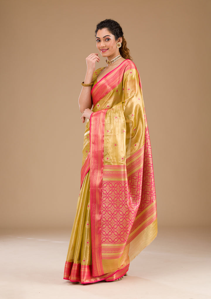 Leaf Green Zariwork Tissue Saree-Koskii