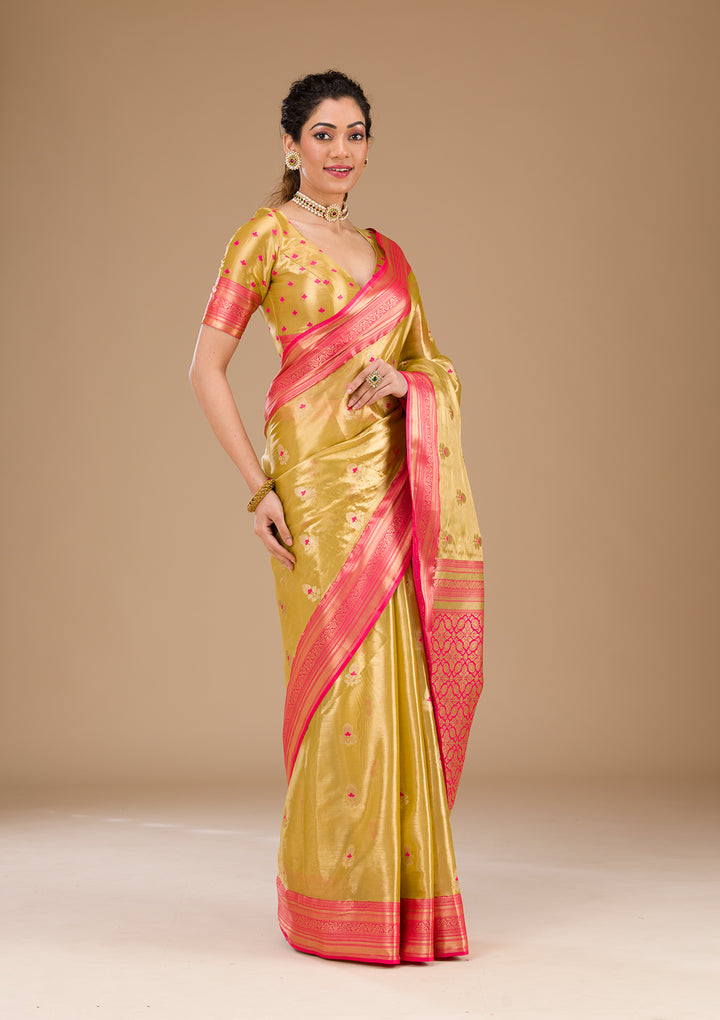 Leaf Green Zariwork Tissue Saree-Koskii