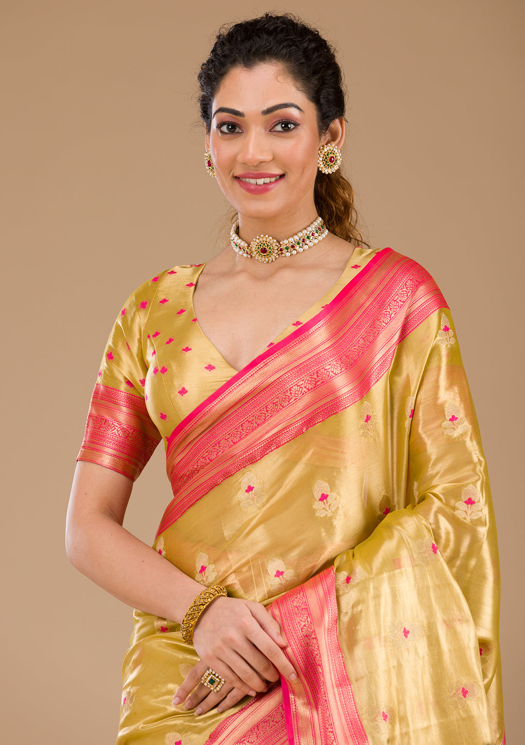 Leaf Green Zariwork Tissue Saree-Koskii