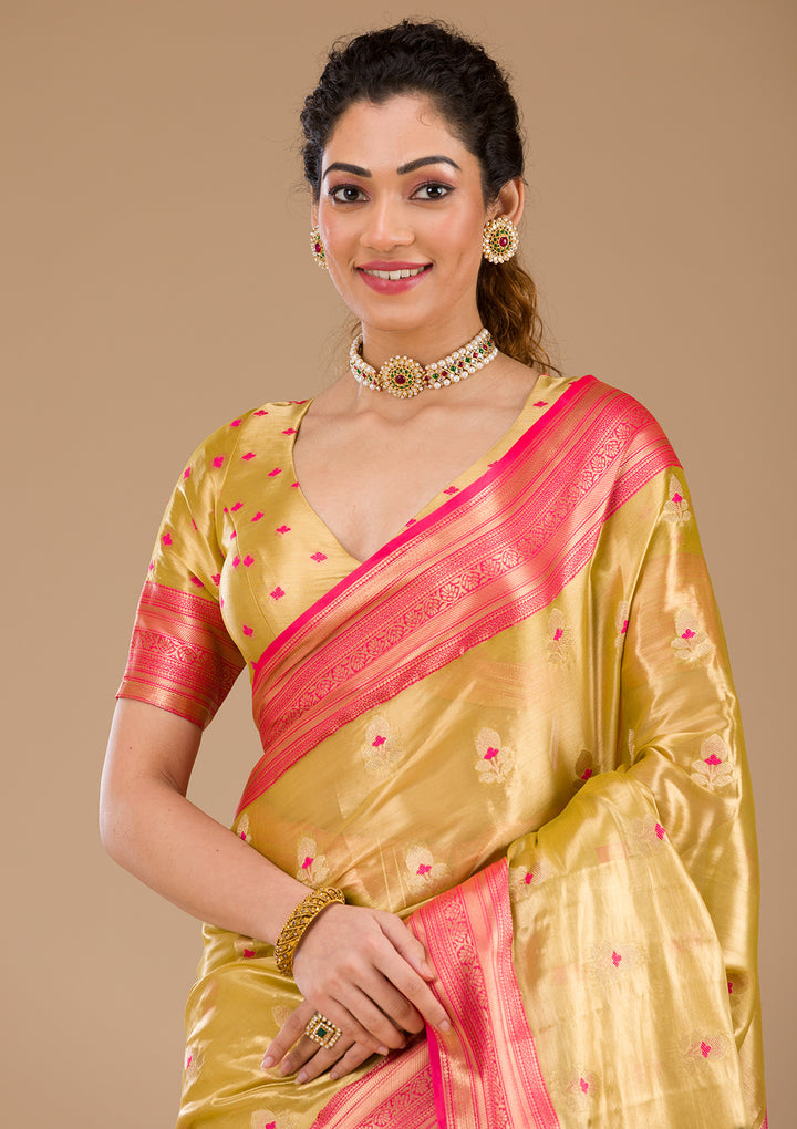 Leaf Green Zariwork Tissue Saree-Koskii