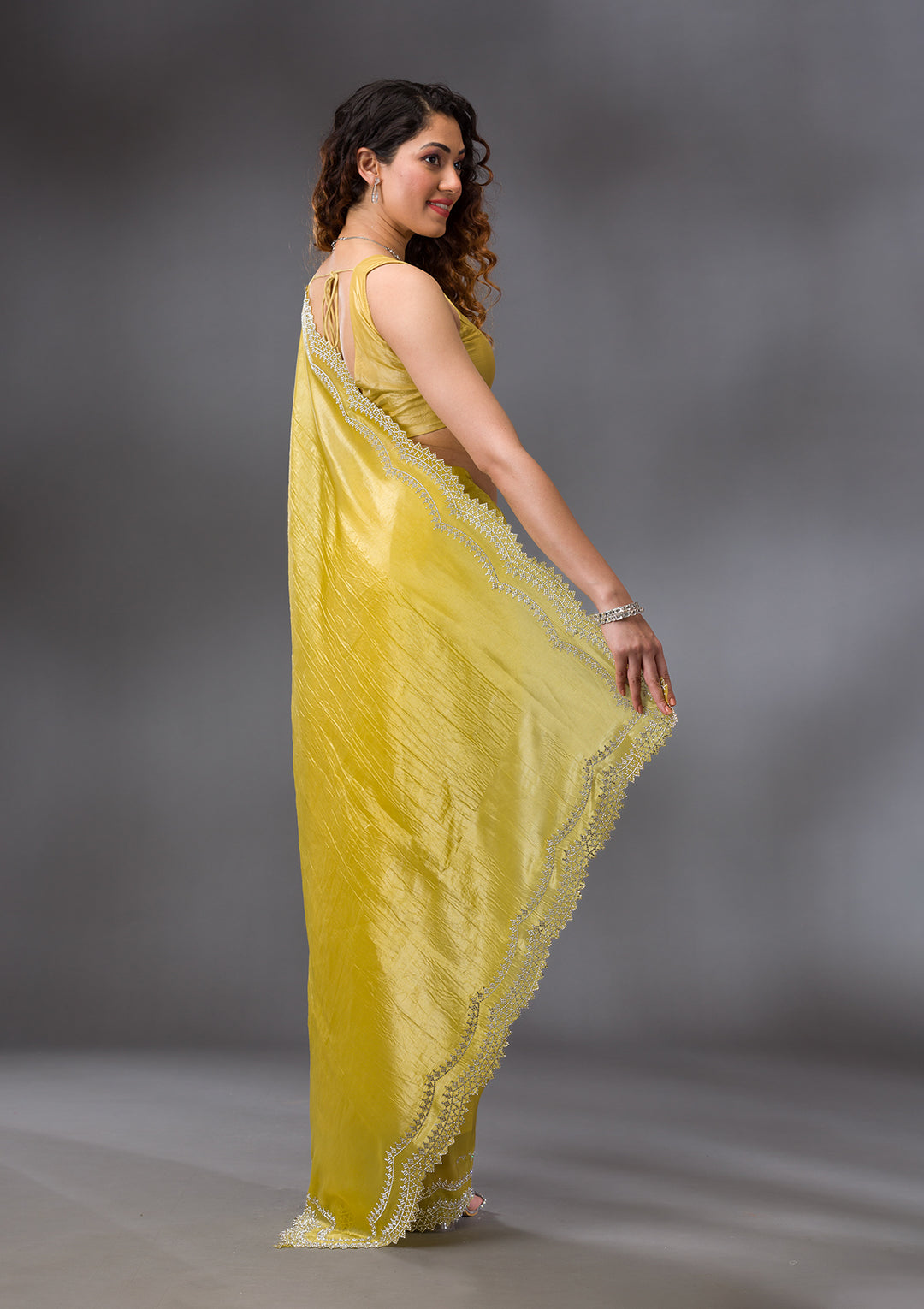 Lemon Yellow Stonework Tissue Saree