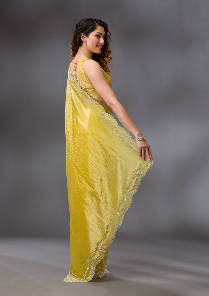 Lemon Yellow Stonework Tissue Saree