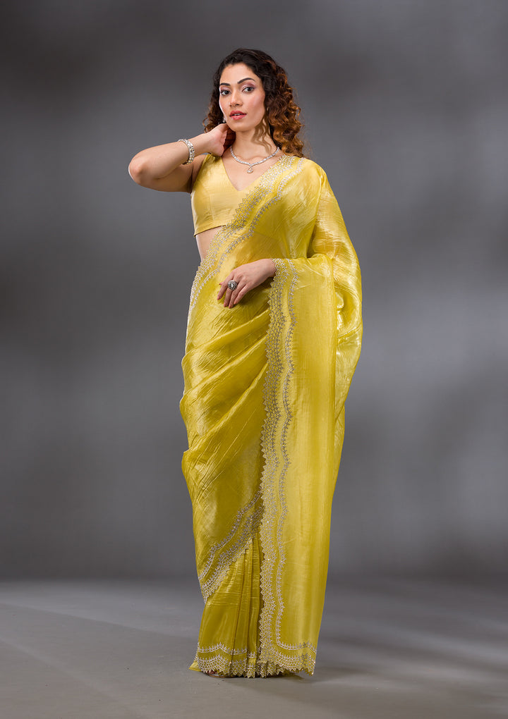 Lemon Yellow Stonework Tissue Saree