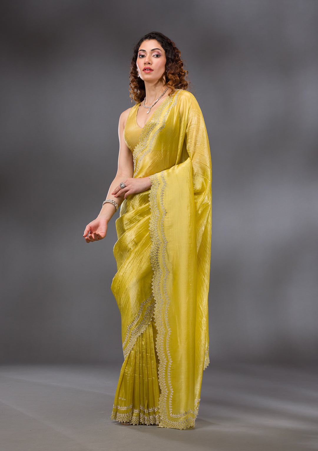 Lemon Yellow Stonework Tissue Saree