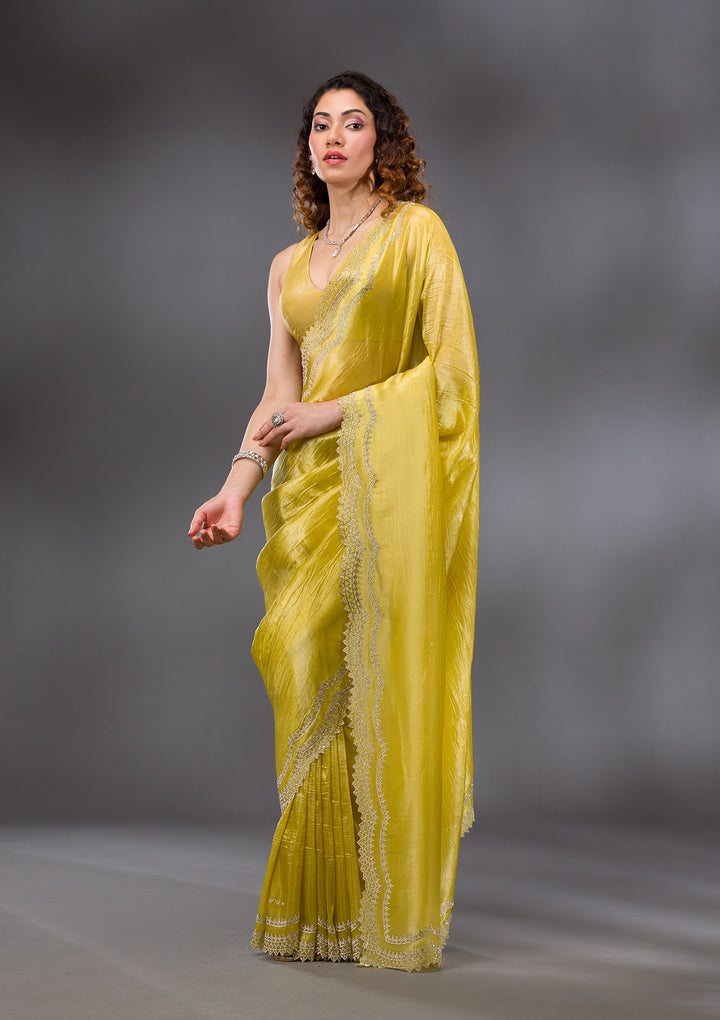 Lemon Yellow Stonework Tissue Saree