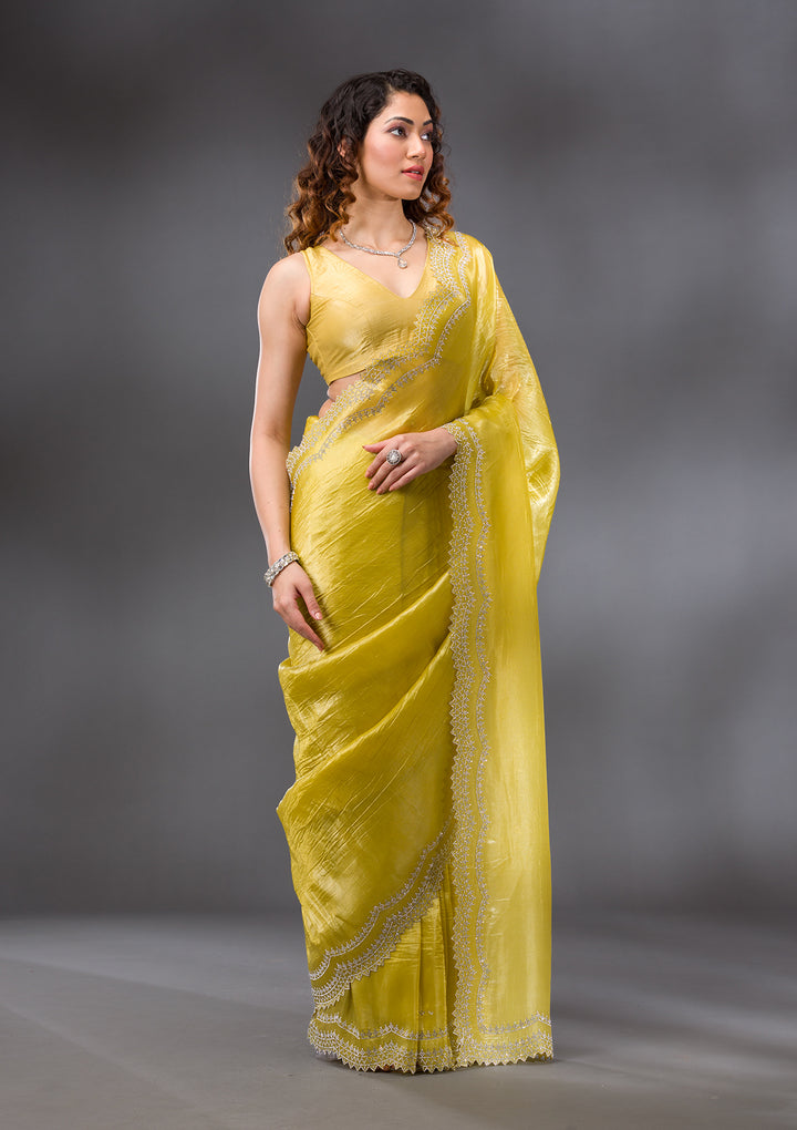 Lemon Yellow Stonework Tissue Saree