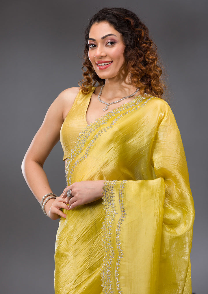 Lemon Yellow Stonework Tissue Saree