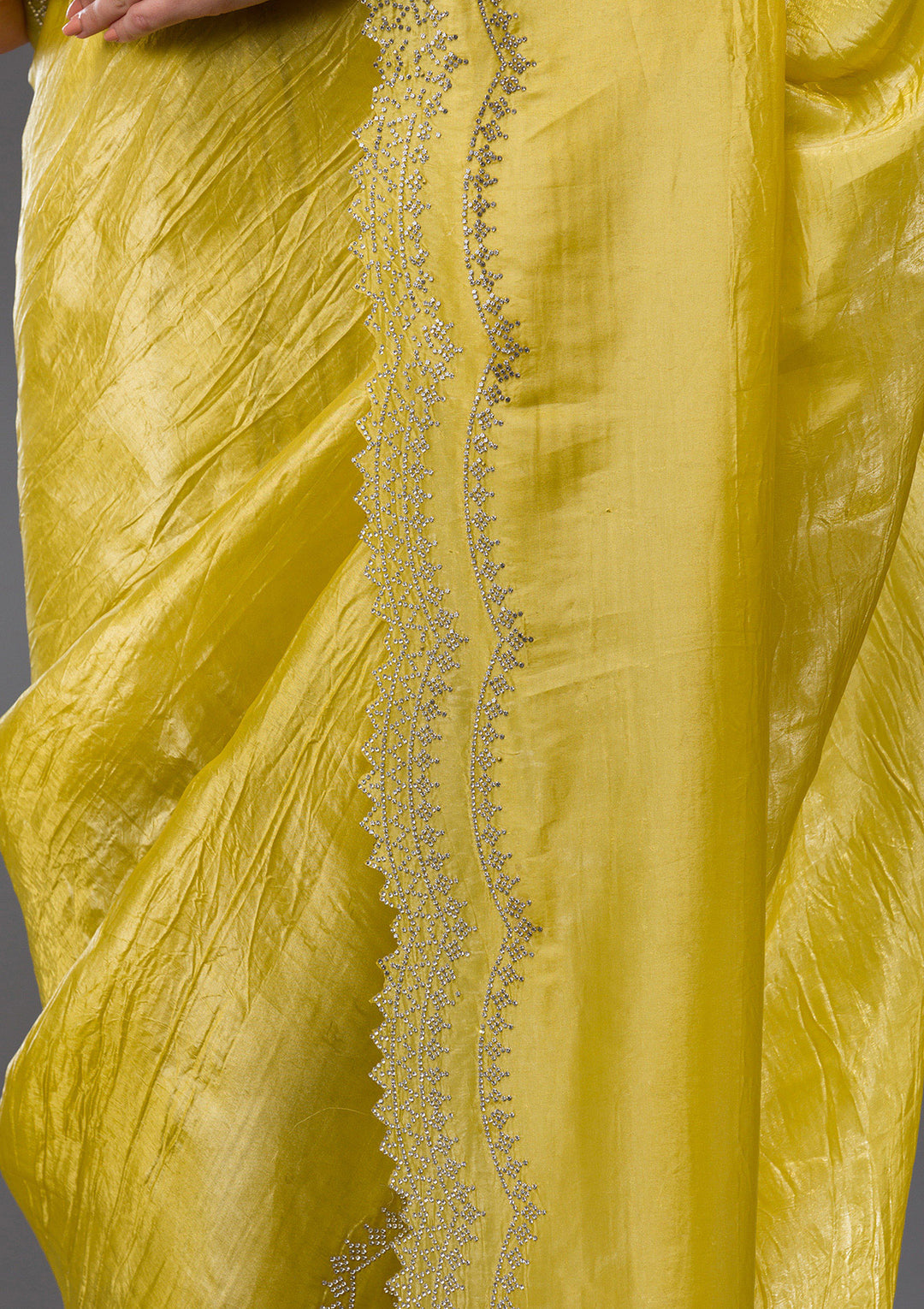 Lemon Yellow Stonework Tissue Saree