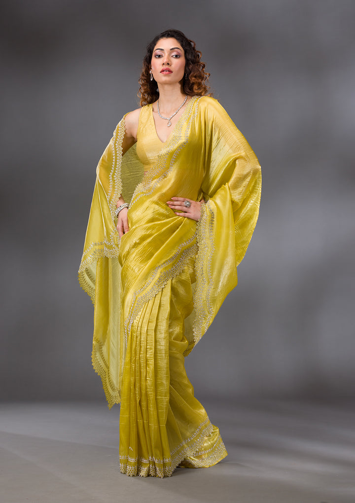 Lemon Yellow Stonework Tissue Saree