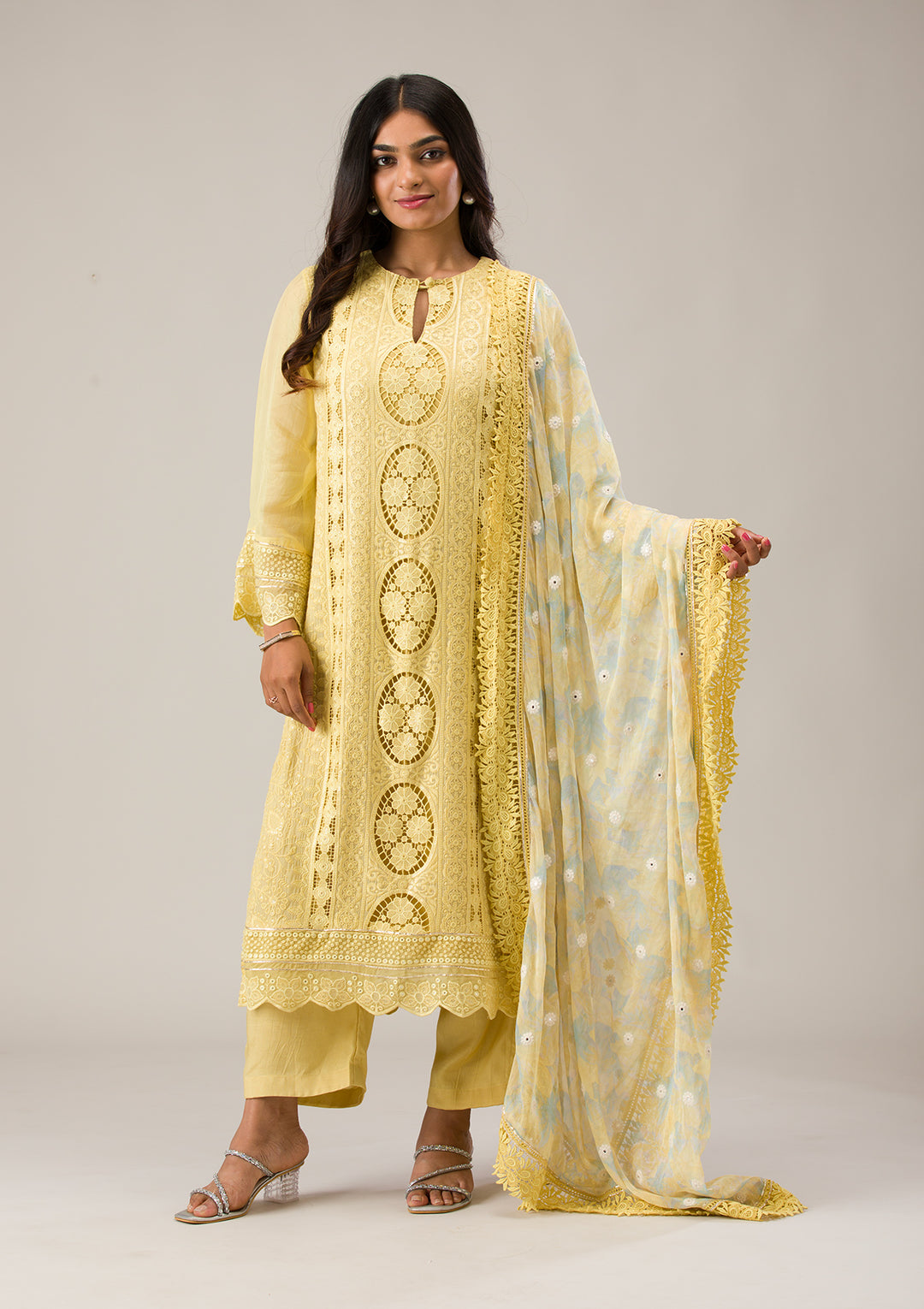 Lemon Yellow Cutwork Georgette Unstitched Salwar Suit