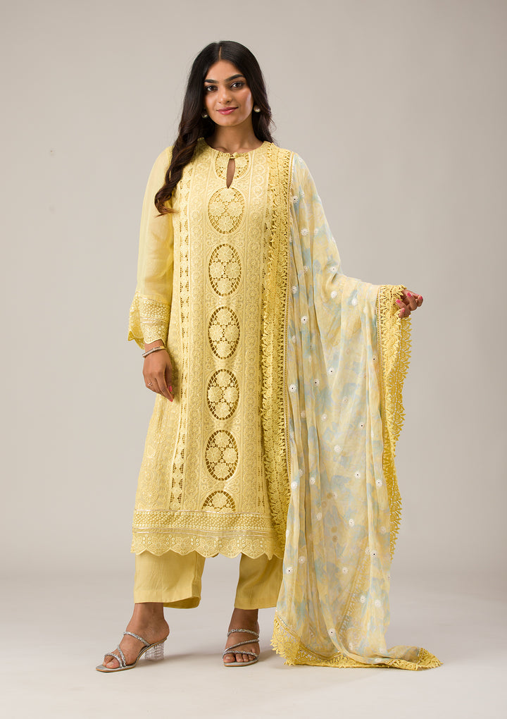 Lemon Yellow Cutwork Georgette Unstitched Salwar Suit