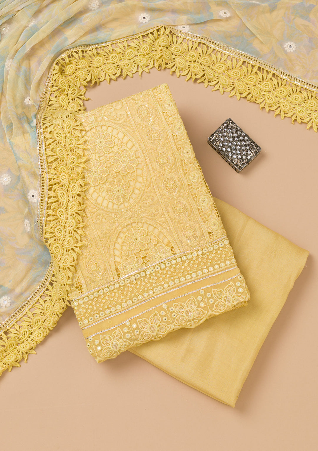 Lemon Yellow Cutwork Georgette Unstitched Salwar Suit