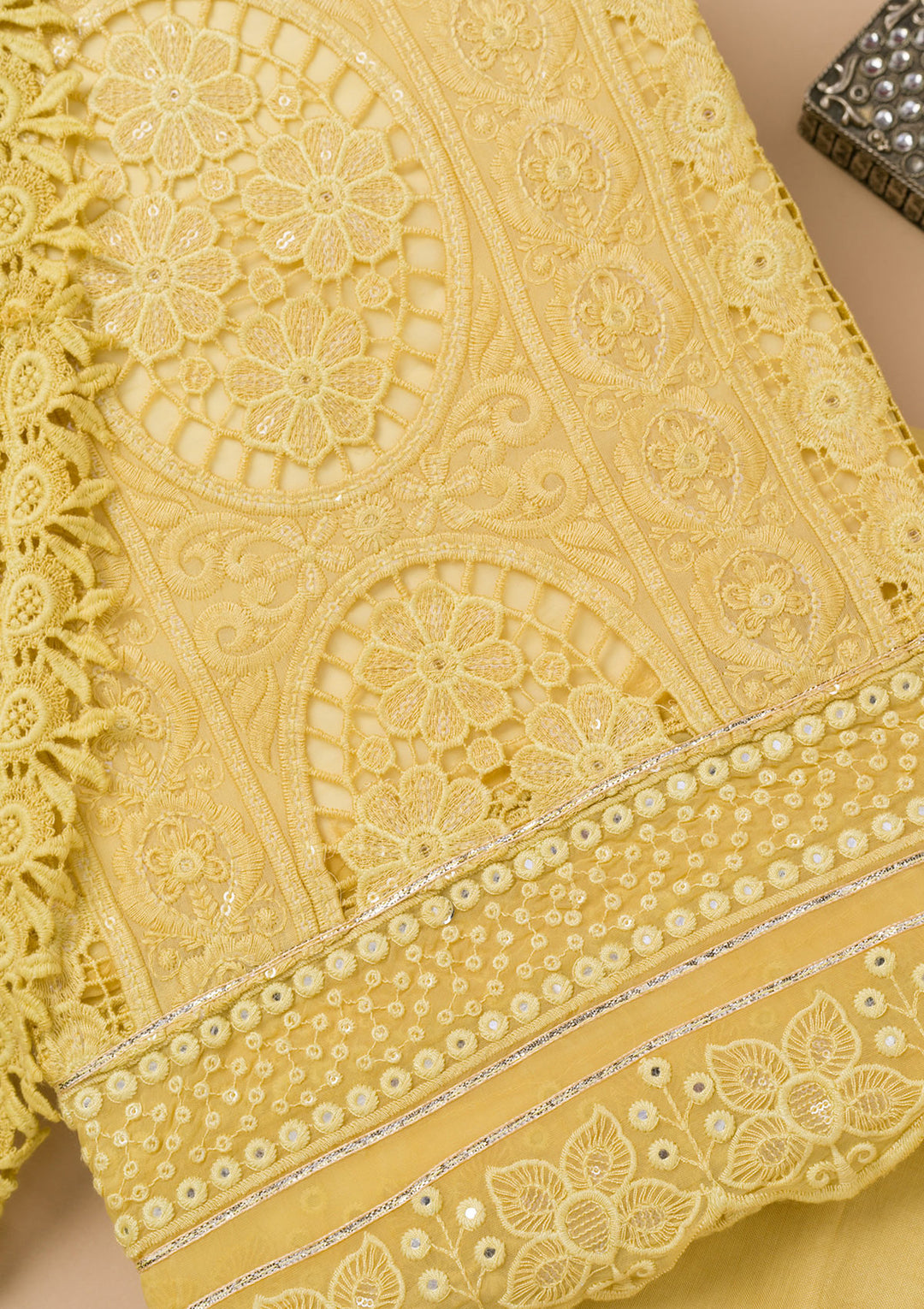 Lemon Yellow Cutwork Georgette Unstitched Salwar Suit
