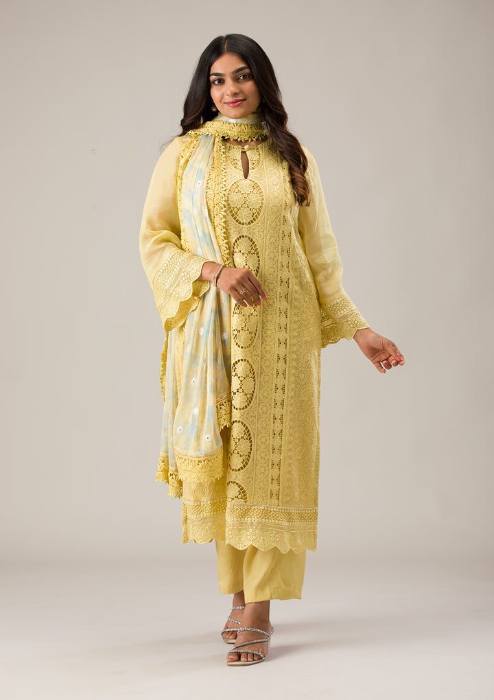Lemon Yellow Cutwork Georgette Unstitched Salwar Suit