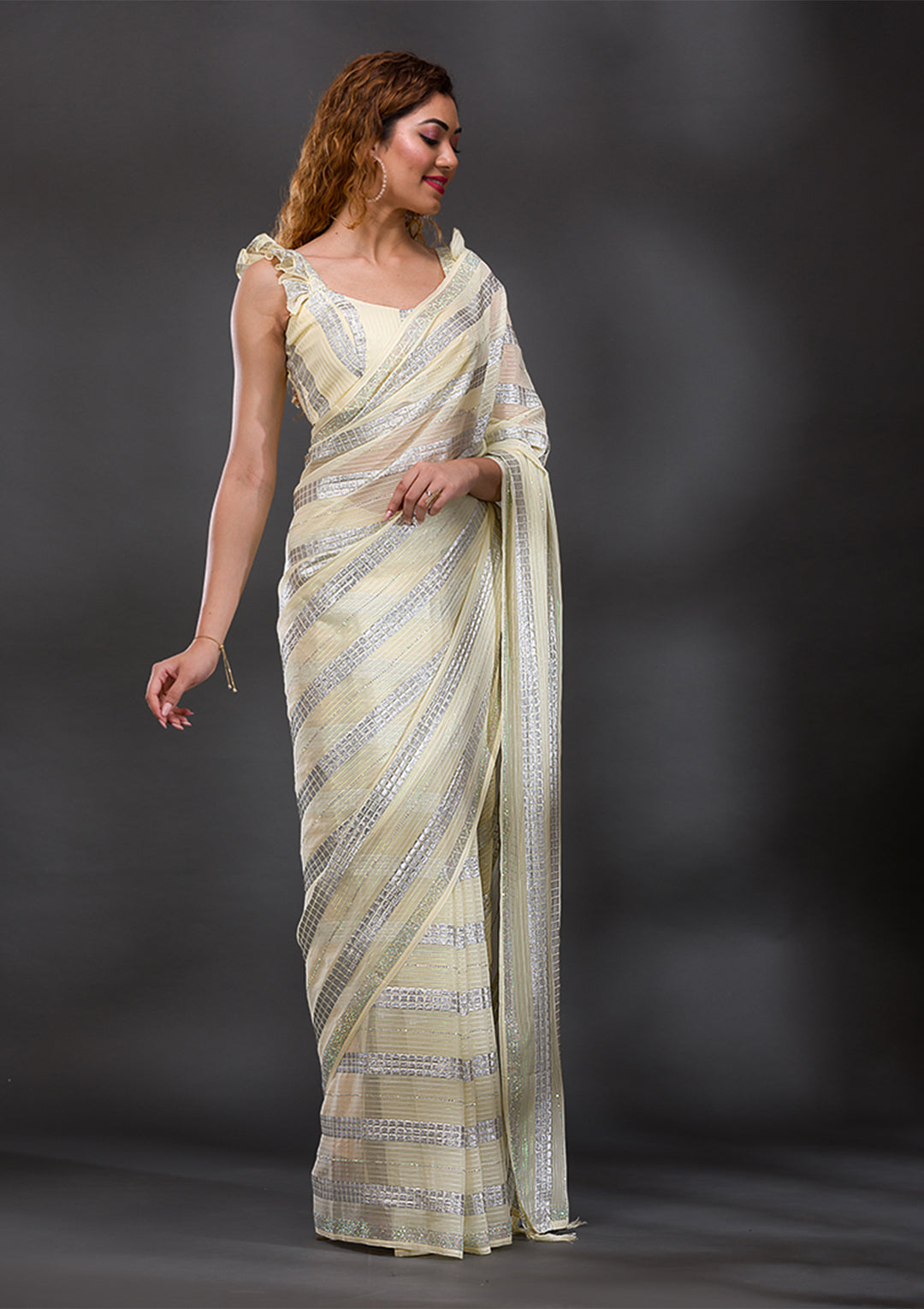 Lemon Yellow Mirrorwork Shimmer Georgette Saree