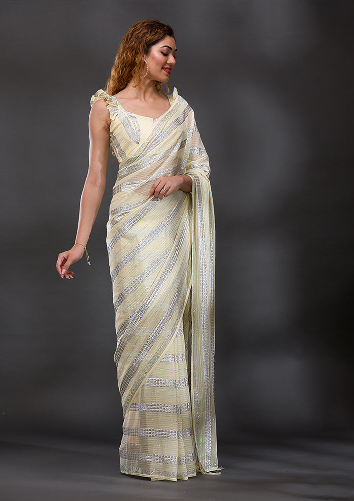 Lemon Yellow Mirrorwork Shimmer Georgette Saree