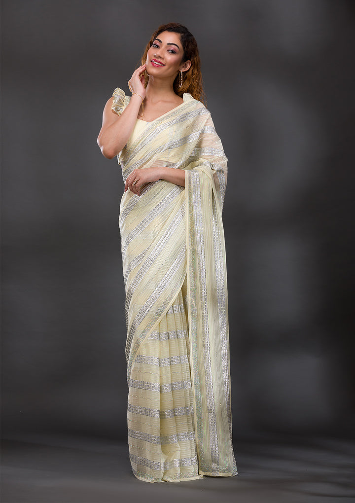 Lemon Yellow Mirrorwork Shimmer Georgette Saree