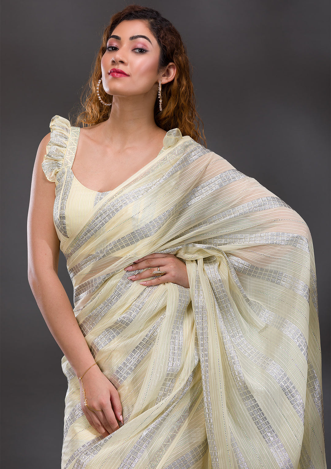 Lemon Yellow Mirrorwork Shimmer Georgette Saree